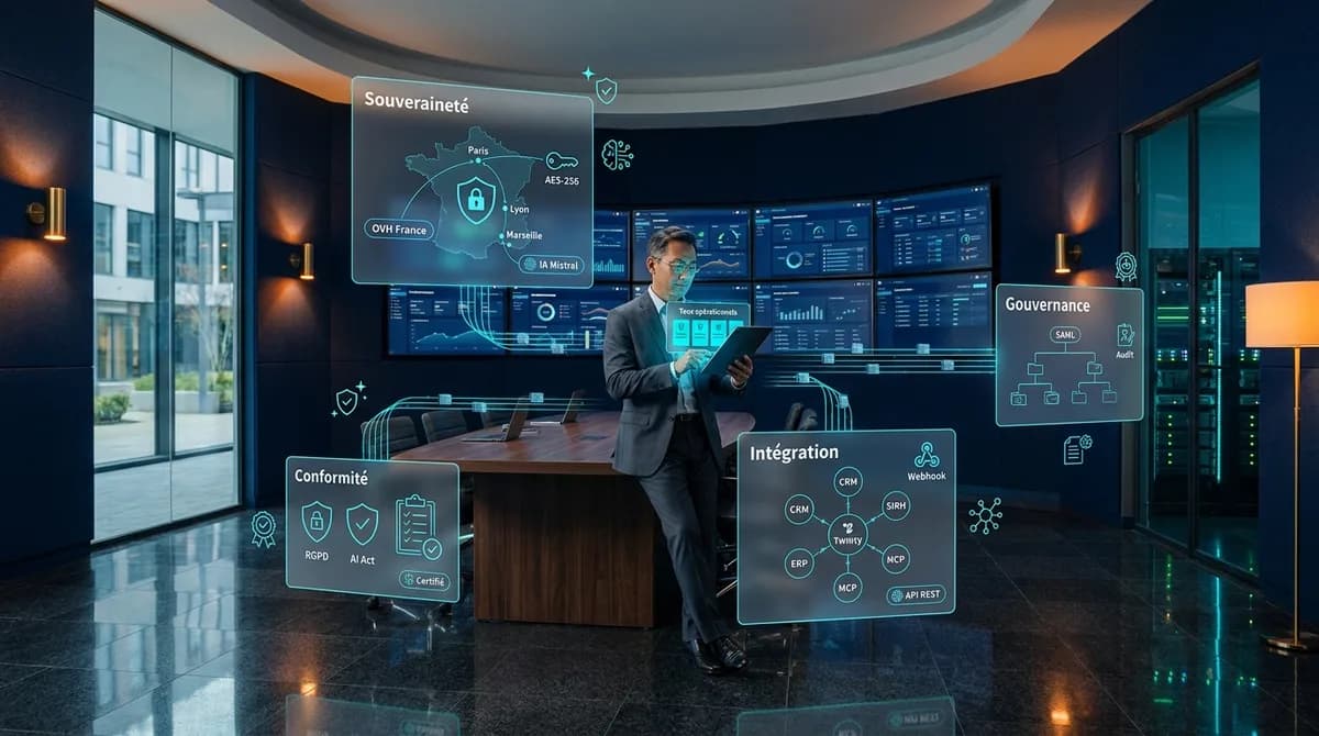 DSI singapourien dans une salle de commandement corporate, tablette montrant un dashboard multi-tenant souverain, mur d ecrans de monitoring, entoure de panneaux glassmorphisme Souverainete, Gouvernance, Integration et Conformite relies par des flux de donnees structures cyan