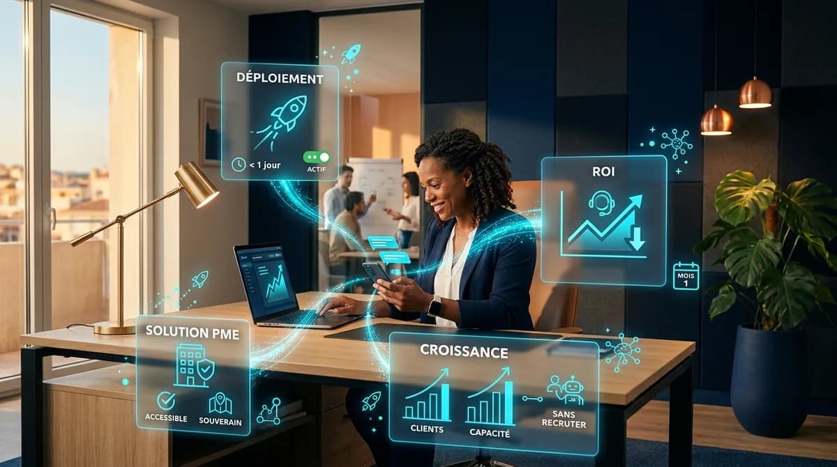 Directrice PME antillaise dans un bureau moderne open-concept, smartphone et laptop montrant un dashboard de croissance, equipe en reunion en arriere-plan, entouree de panneaux glassmorphisme Deploiement, ROI, Croissance et Solution PME relies par des flux cyan