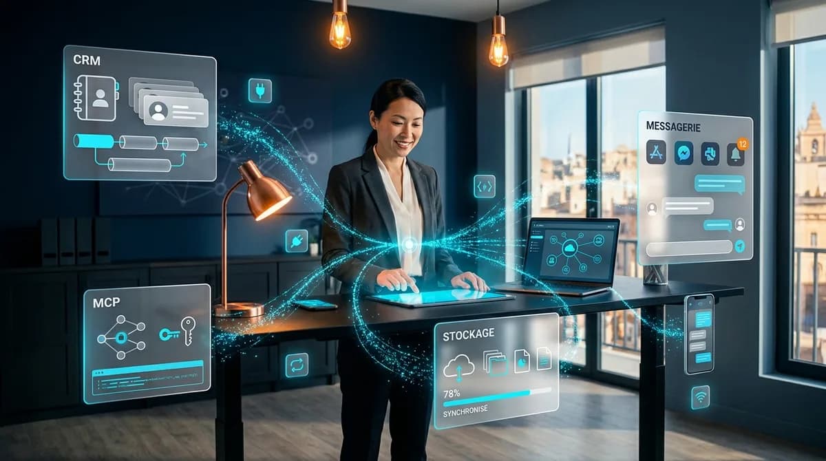 Directrice de projets vietnamienne dans un bureau operationnel moderne, tablette sur pied montrant un dashboard d'integrations, entouree de panneaux glassmorphisme CRM, Messagerie, Stockage et MCP relies par des flux de particules cyan en hub-and-spoke