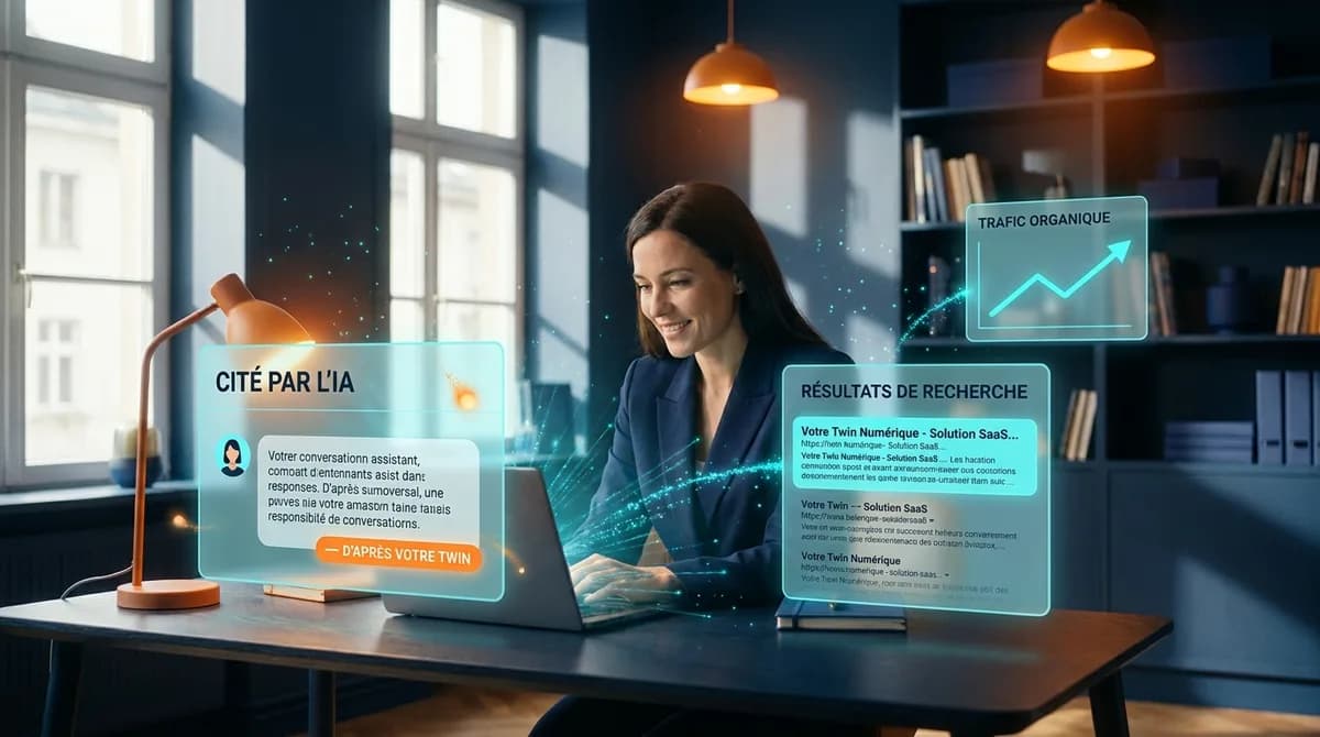Fondatrice dans un bureau lumineux ; panneaux glassmorphisme cyan en francais — au premier plan CITÉ PAR L'IA (bulle de reponse d'assistant attribuee a son twin, accent orange), en second RÉSULTATS DE RECHERCHE, en appoint TRAFIC ORGANIQUE — relies par des flux de particules cyan partant de son ecran