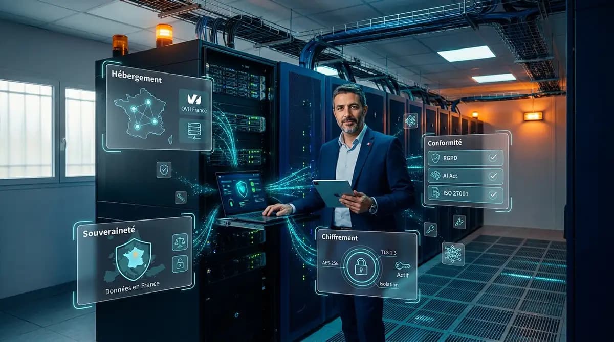 Responsable securite franco-maghrebin debout dans un datacenter souverain francais entre les racks serveurs, laptop et tablette montrant un dashboard de conformite, entoure de panneaux glassmorphisme Hebergement OVH France, Conformite RGPD AI Act ISO 27001, Chiffrement TLS 1.3 en transit et Souverainete Donnees en France