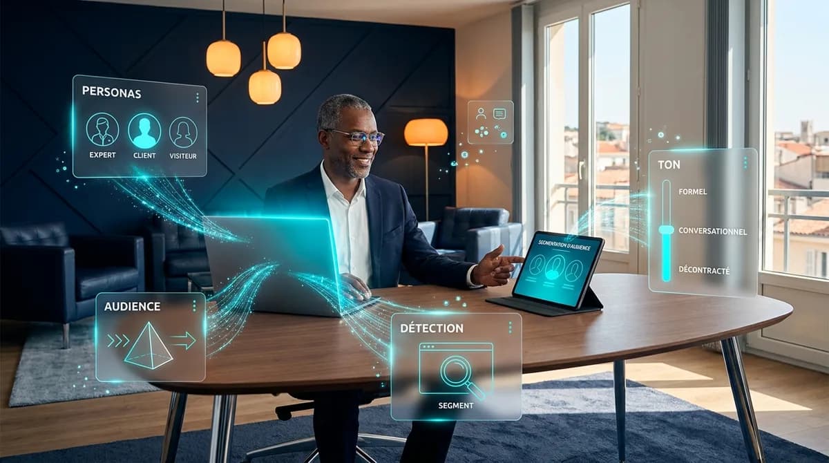 Formateur afro-americain dans un centre de formation moderne, laptop et tablette montrant la segmentation d'audience, entoure de panneaux glassmorphisme Personas, Ton, Detection et Audience relies par des flux d'adaptation cyan illustrant le concept une IA plusieurs audiences