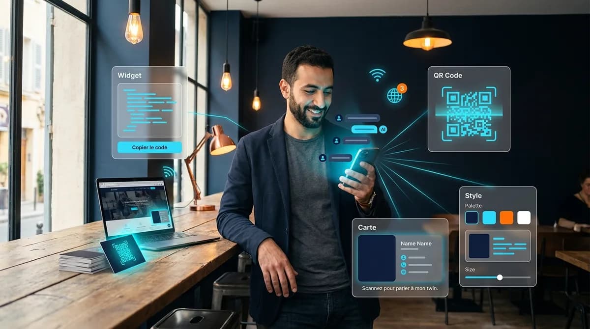 Entrepreneur libanais dans un cafe co-working, smartphone en main montrant une conversation twin, laptop avec widget chat cyan, cartes de visite avec QR code, entoure de panneaux glassmorphisme Widget, QR Code, Carte et Style relies par des flux de deploiement cyan
