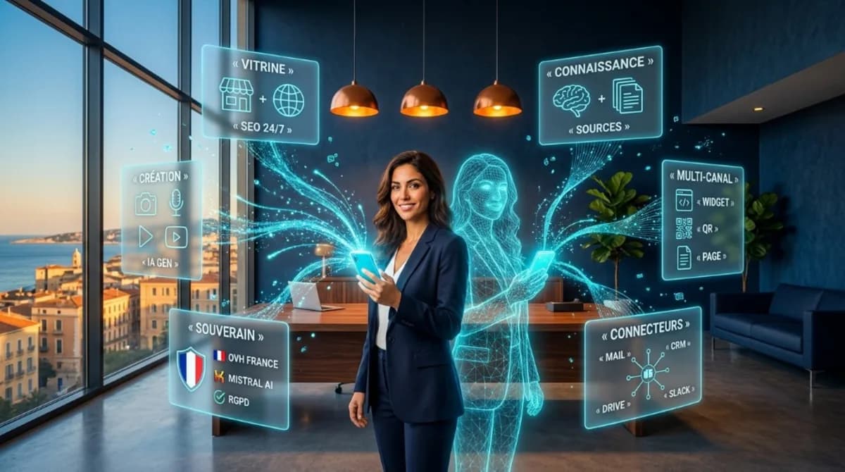 Dirigeante mediterraneenne dans un bureau executive spacieux avec vue sur la Mediterranee, tenant un smartphone emanant des flux de particules cyan vers six panneaux glassmorphisme etiquetes Vitrine Connaissance Multi-canal Connecteurs Souverain et Creation, accompagnee de sa jumelle numerique holographique en wireframe cyan
