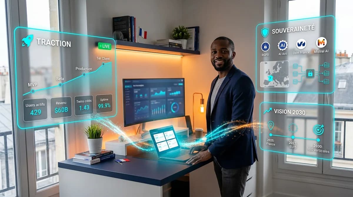 Bureau tech premium avec panneaux glassmorphisme affichant la vision du projet Twinty — jumeau numérique IA souverain européen