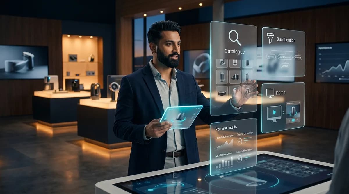 Directeur commercial sud-asiatique dans un showroom premium avec tablette, entouré de panneaux glassmorphisme affichant Catalogue, Qualification et Demo