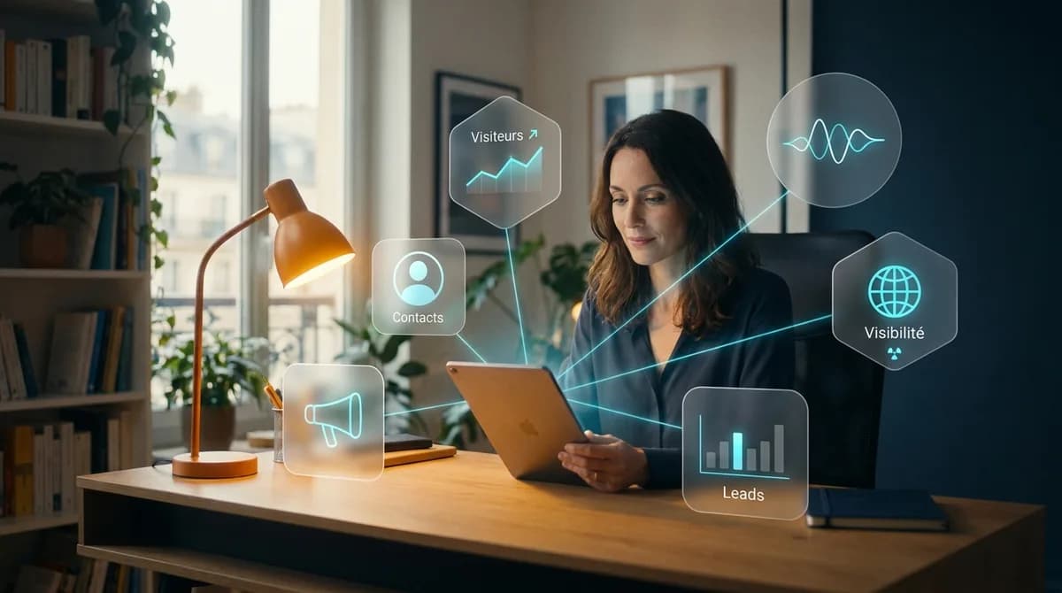 Consultante indépendante à son bureau parisien avec tablette, entourée de panneaux glassmorphisme abstraits affichant icônes et statistiques : Visiteurs, Contacts, Leads, Visibilité