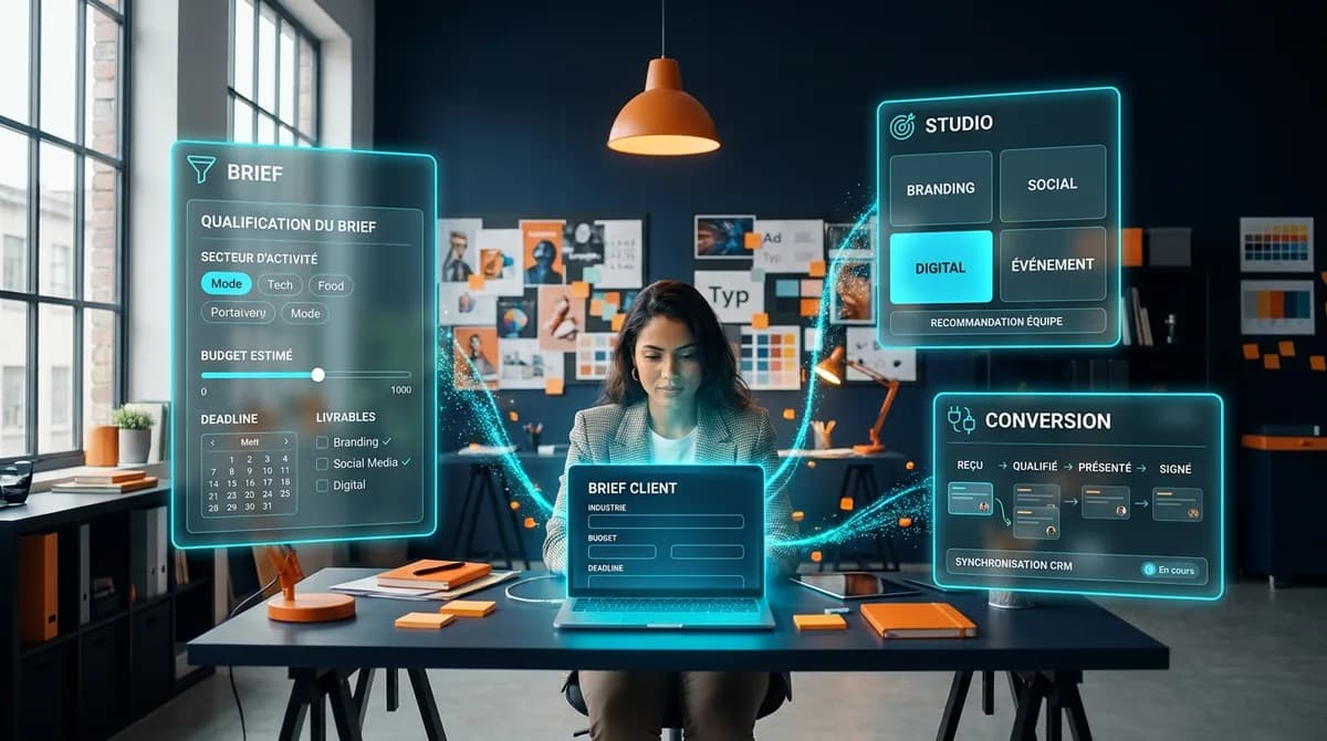 Directrice de clientèle brésilienne travaillant sur son ordinateur portable dans un studio créatif d'agence de communication, entourée de panneaux glassmorphisme affichant la qualification de briefs, la recommandation de studio et les connecteurs CRM
