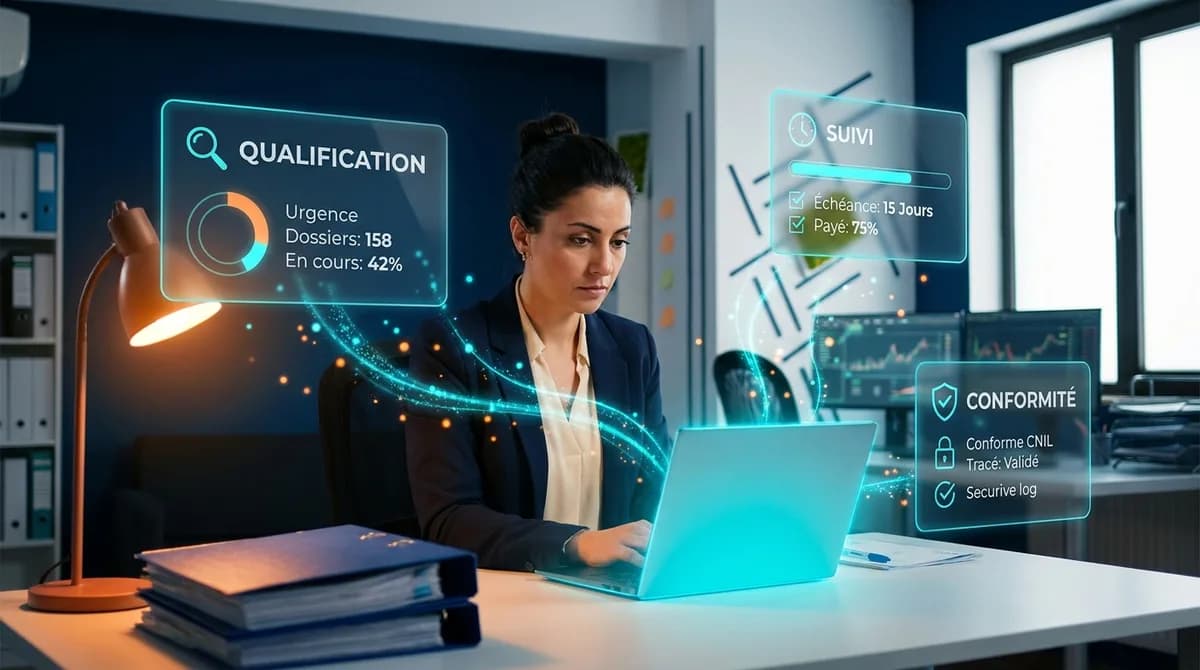 Directrice contentieux d'origine méditerranéenne dans un bureau de gestion professionnel aux tons navy, travaillant sur un laptop diffusant une lueur cyan, entourée de panneaux glassmorphisme affichant Qualification, Suivi et Conformité