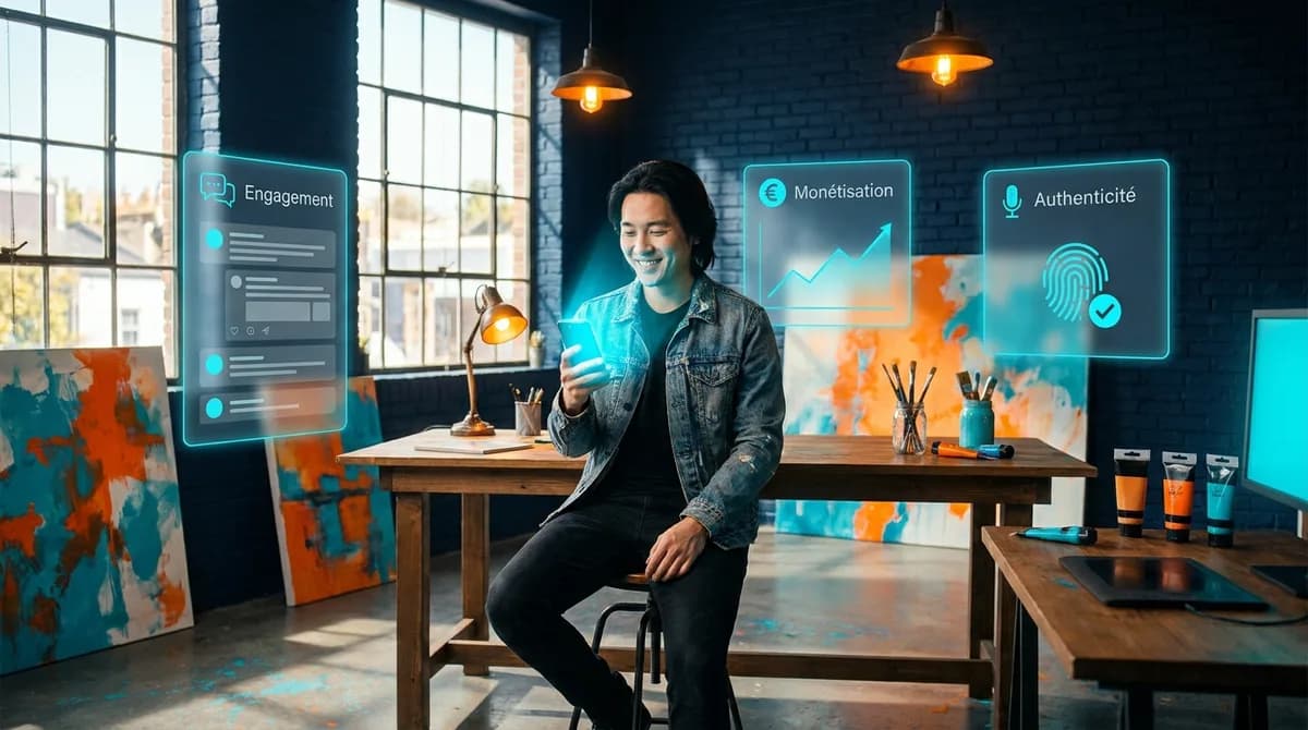 Jeune artiste est-asiatique dans un atelier loft industriel lumineux, consultant son smartphone avec le sourire, entoure de toiles et panneaux IA glassmorphisme affichant Engagement, Monetisation et Authenticite
