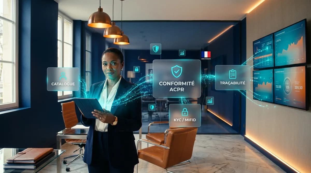 Conseillère bancaire afro-caribéenne dans un bureau de conseil premium avec mur d'écrans de marchés financiers, tenant une tablette avec le dashboard multi-clients, entourée de panneaux glassmorphisme affichant Catalogue, Conformité ACPR et Traçabilité