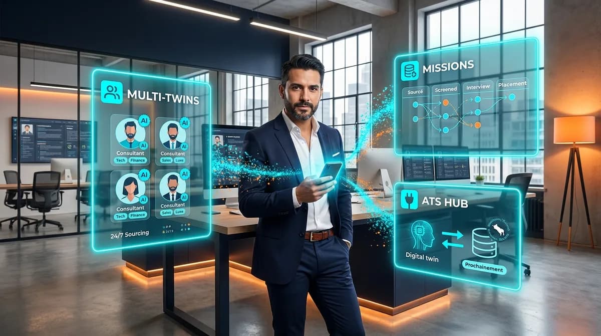 Consultant en recrutement latino-américain dans un cabinet de chasse de têtes premium avec open space vitré et dashboards ATS en arrière-plan, tenant un smartphone avec un profil candidat, entouré de panneaux glassmorphisme affichant Multi-Twins, Missions et ATS Hub