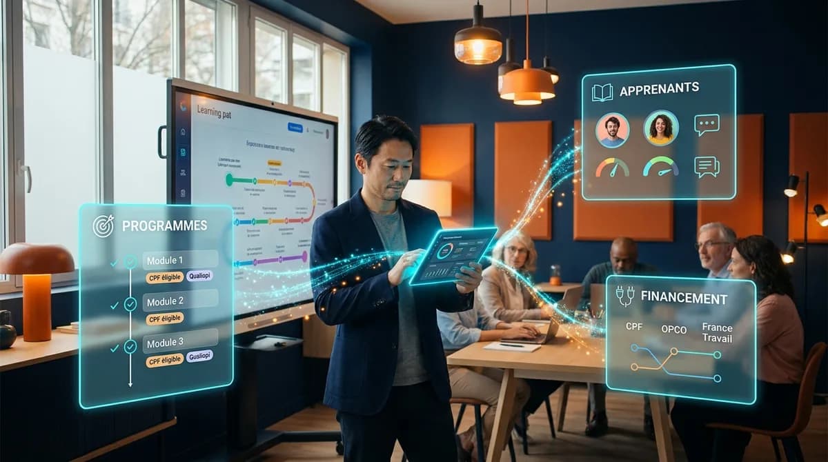 Formateur d'origine est-asiatique dans une salle de formation moderne et lumineuse, tenant une tablette tactile affichant un parcours pédagogique, devant un grand écran interactif avec en arrière-plan flouté des apprenants au travail, entouré de panneaux glassmorphisme Programmes, Apprenants et Financement