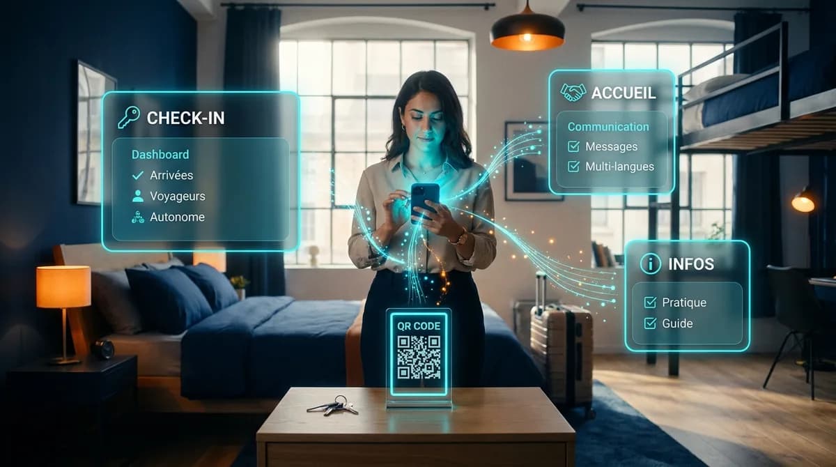 Une concierge Airbnb gérant des voyageurs via son smartphone dans un appartement design