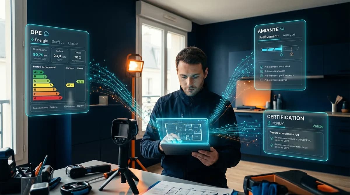 Diagnostiqueur immobilier d'origine européenne dans un appartement en cours d'inspection, travaillant sur sa tablette avec des panneaux IA glassmorphisme affichant DPE, Amiante et Certification