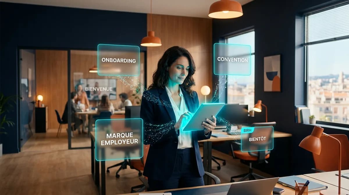 DRH française dans un open-space RH moderne et chaleureux, consultant une tablette avec le dashboard Twin RH, entourée de panneaux glassmorphisme affichant Onboarding, Convention et Marque Employeur