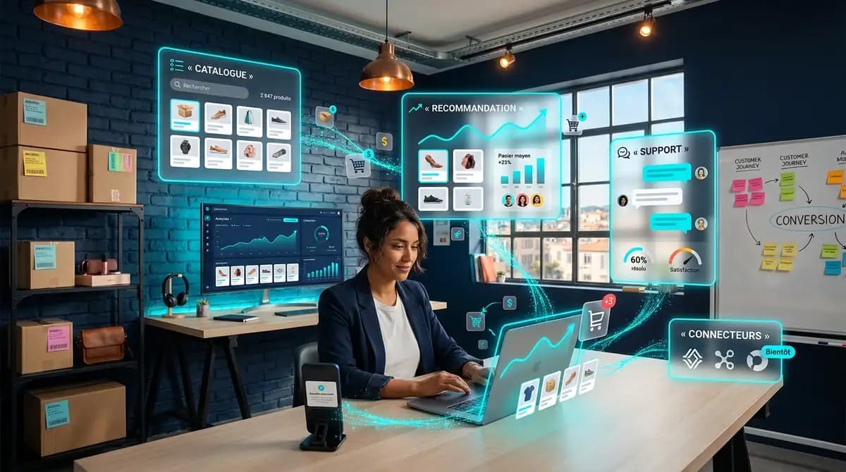 Responsable e-commerce marocaine dans un loft commercial moderne avec mur en brique navy et bureau en chêne clair, travaillant sur son laptop avec un dashboard de conversion, entourée de panneaux glassmorphisme affichant Catalogue, Recommandation et Support