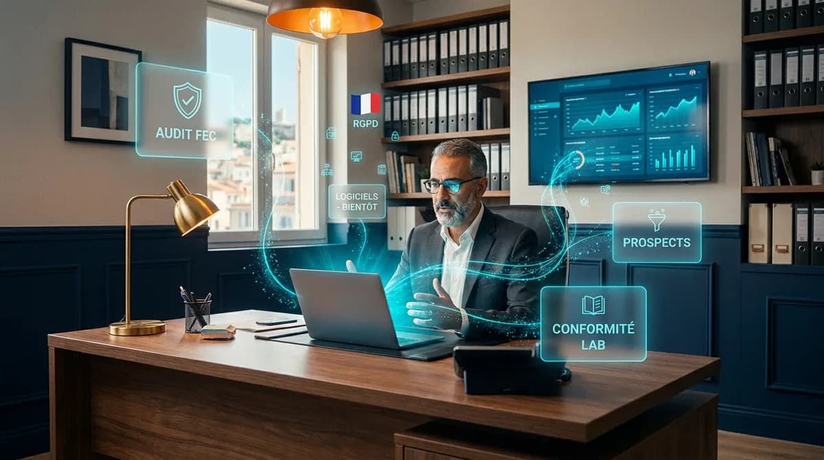 Expert-comptable franco-maghrébin dans un cabinet moderne avec étagères de classeurs comptables, consultant un laptop avec un rapport d'audit FEC, entouré de panneaux glassmorphisme affichant Audit FEC, Prospects et Conformité LAB