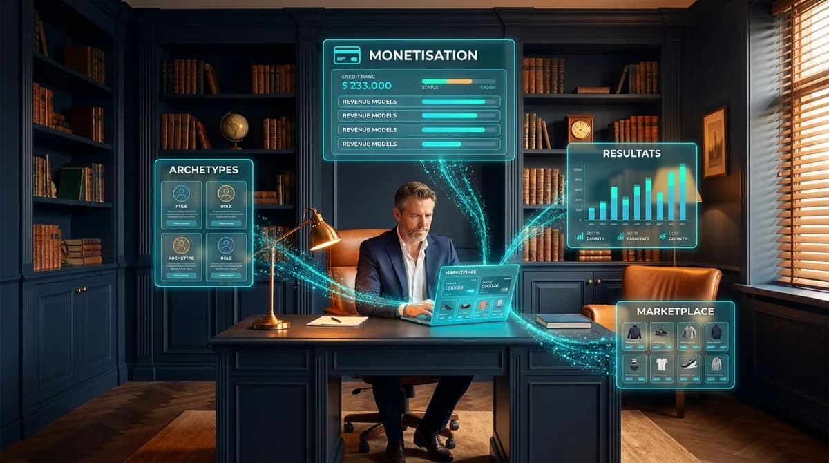 Consultant senior nord-européen dans un bureau premium avec bibliothèque murale en bois sombre, travaillant sur un laptop affichant un dashboard marketplace, entouré de panneaux glassmorphisme affichant Archétypes, Monétisation, Résultats et Marketplace