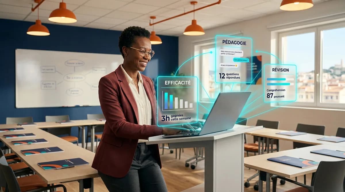 Formatrice ouest-africaine dans une salle de formation moderne, consultant un laptop avec le tableau de bord de son twin IA, entouree de panneaux glassmorphisme affichant Pedagogie, Revision et Efficacite