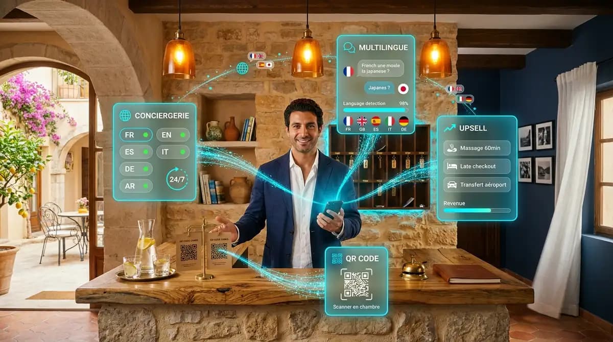 Jeune hôtelier libanais à la réception d'un hôtel boutique méditerranéen en bois d'olivier et pierre naturelle, tenant un smartphone avec l'interface concierge IA, entouré de panneaux glassmorphisme affichant Conciergerie, Multilingue et Upsell