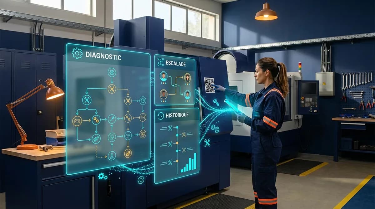 Technicienne de maintenance française dans un atelier industriel moderne avec armoires électriques et machines-outils, tenant une tablette avec un diagnostic en cours tout en scannant un QR code sur une machine, entourée de panneaux glassmorphisme affichant Diagnostic, Escalade et Historique