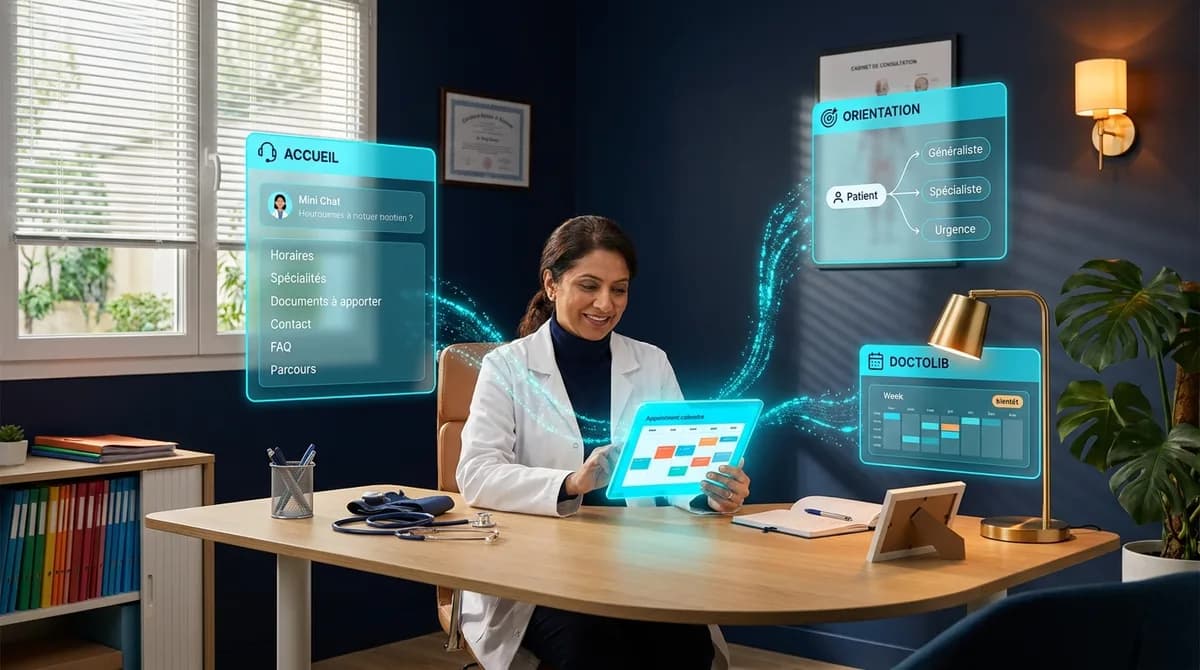 Médecin indienne dans un cabinet de consultation moderne aux murs navy avec bureau en bois clair, stéthoscope, tenant une tablette affichant un agenda de consultations, entourée de panneaux glassmorphisme cyan transparents affichant Accueil, Orientation et Doctolib