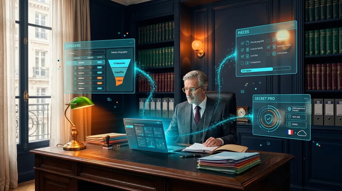 Notaire français dans une étude traditionnelle aux boiseries navy et bibliothèque de codes juridiques, travaillant sur un laptop avec un dashboard de gestion de dossiers, entouré de panneaux glassmorphisme affichant Dossiers, Pièces et Secret Pro