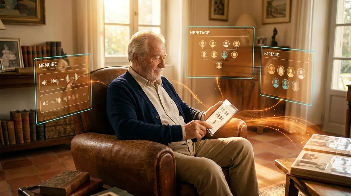 Senior provençal serein dans un salon familial chaleureux en pierre et bois, tenant une tablette avec un arbre généalogique interactif, entouré de panneaux glassmorphisme teintés ambrés affichant Mémoire, Héritage et Partage