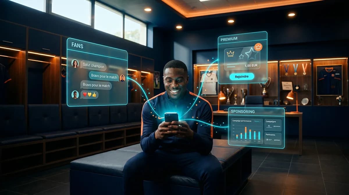 Sportif professionnel d'origine afro-descendante dans un vestiaire moderne aux tons navy et orange, assis sur un banc et consultant son smartphone avec une lueur cyan, entouré de panneaux glassmorphisme Fans, Premium et Sponsoring