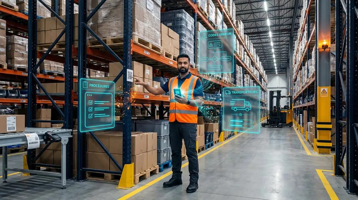 Opérateur logistique sud-asiatique dans un entrepôt industriel moderne, pointant un QR code sur un rack de palettes tout en consultant son smartphone, entouré de panneaux glassmorphisme affichant Procédures, Codes Erreur et Transporteurs