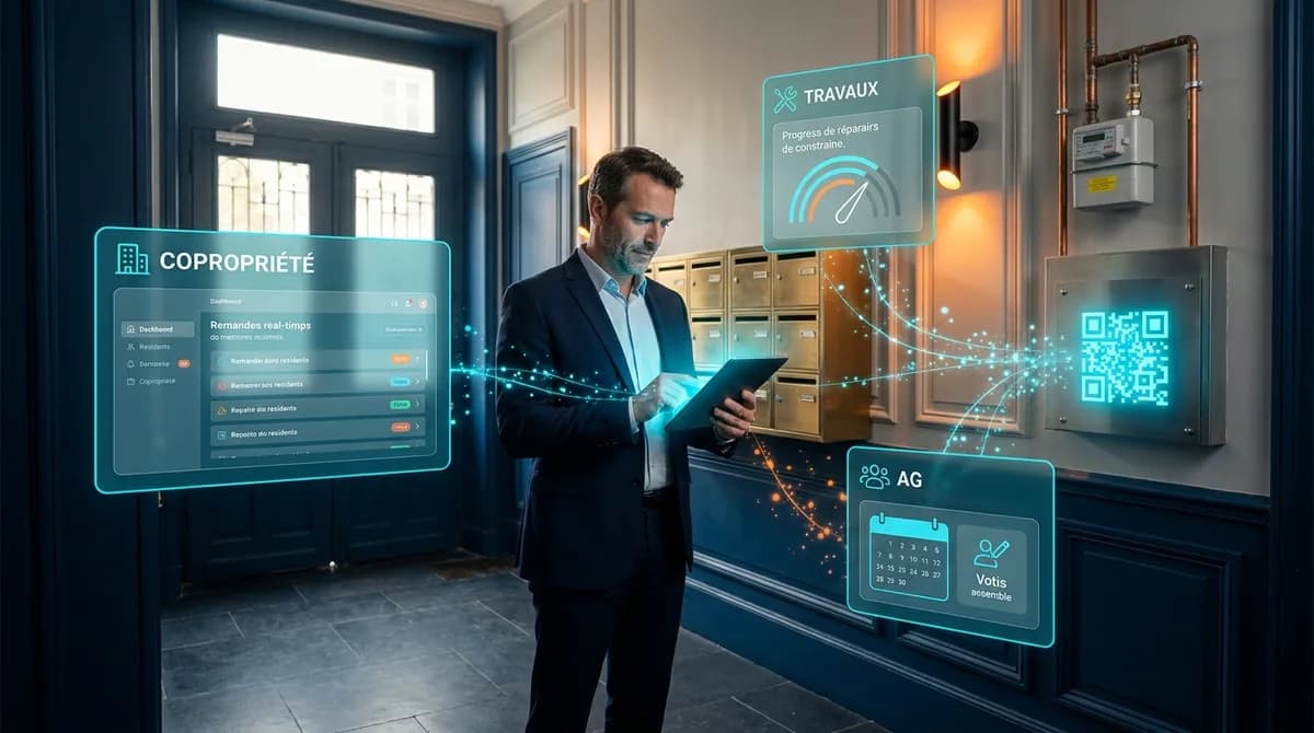 Gestionnaire de copropriété dans un hall d'immeuble haussmannien rénové avec boîtes aux lettres, compteur électrique et tuyaux apparents, connecté par flux à un QR code cyan lumineux sur une plaque en métal avec sa tablette, entouré de panneaux glassmorphisme affichant Copropriété, Travaux et AG