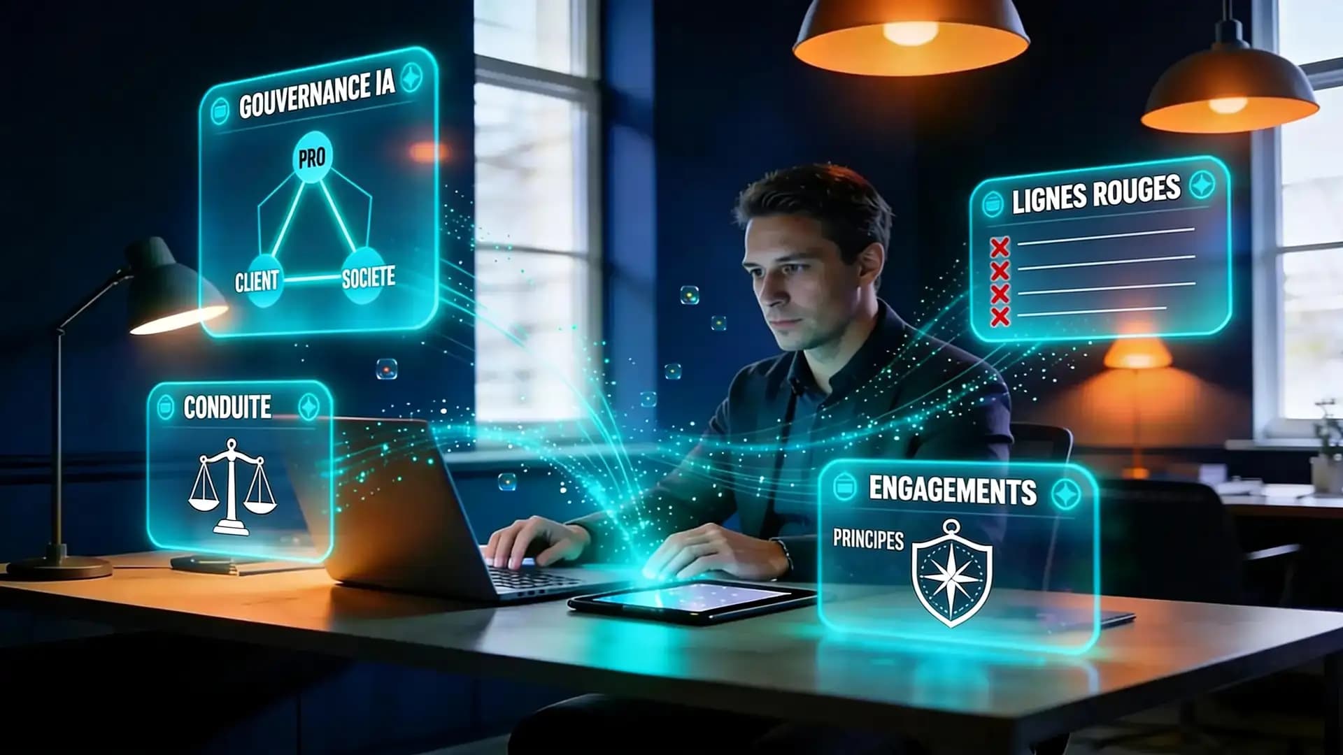Professionnelle franco-maghrebine sereine a son poste de travail, supervisant le comportement de son Twin IA ; panneaux glassmorphism cyan affichant un triangle de loyautes, une checklist de lignes rouges et un repere principes / engagements, dans une ambiance de confiance premium navy et cyan