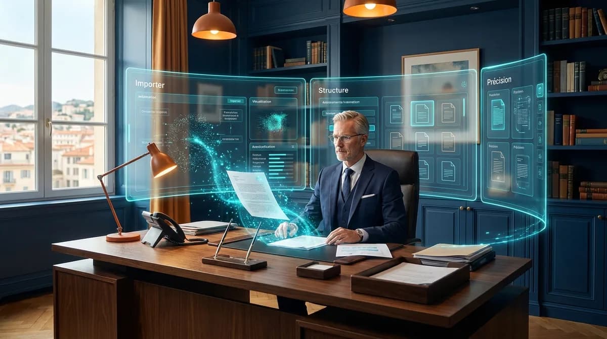 Professionnel senior dans une bibliotheque d'entreprise moderne, tablette en main, entouré de panneaux IA glassmorphisme montrant l'importation, la structuration et la precision des connaissances