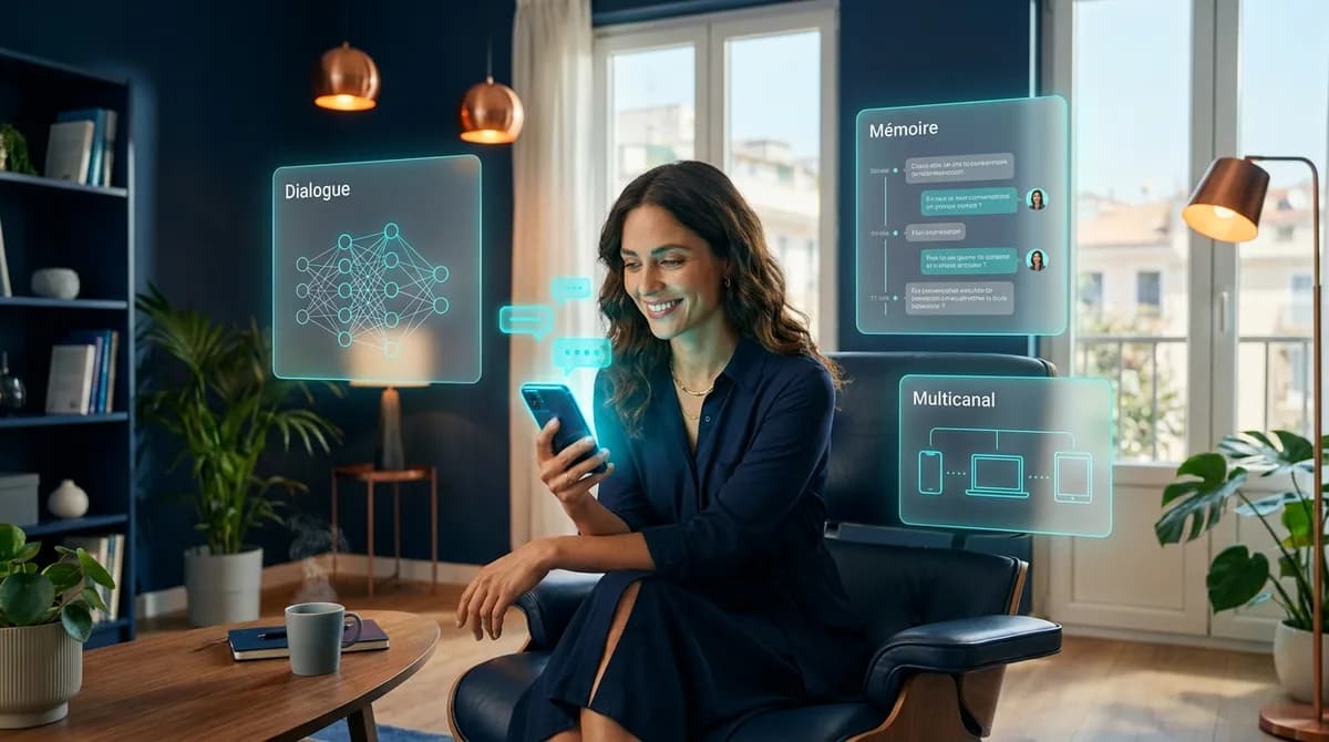 Professionnelle bresilienne dans un bureau de communication moderne, smartphone en main montrant une conversation IA, entouree de panneaux glassmorphisme Dialogue, Memoire et Multicanal