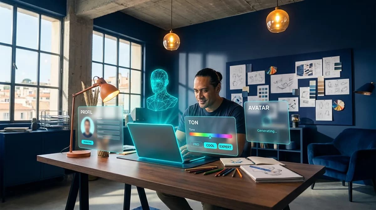 Designer polynesien dans un studio creatif, laptop ouvert avec interface de creation de twin IA, entoure de panneaux glassmorphisme Profil, Ton et Avatar et d'un hologramme cyan du twin en cours de materialisation