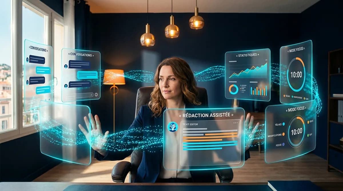 Professionnelle dans un cockpit digital, pilotant son twin IA depuis une surface tactile transparente, entouree de panneaux glassmorphisme Conversations, Statistiques, Redaction assistee et Mode Focus relies par des flux de donnees cyan