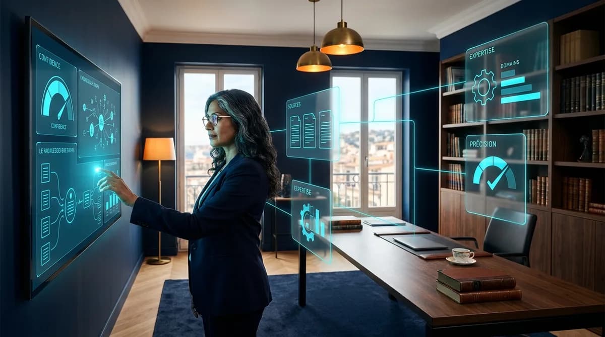Experte metier indo-caribbeenne dans un bureau de recherche, interagissant avec un ecran tactile mural affichant des visualisations IA, entouree de panneaux glassmorphisme Sources, Expertise et Precision relies par des flux de donnees cyan