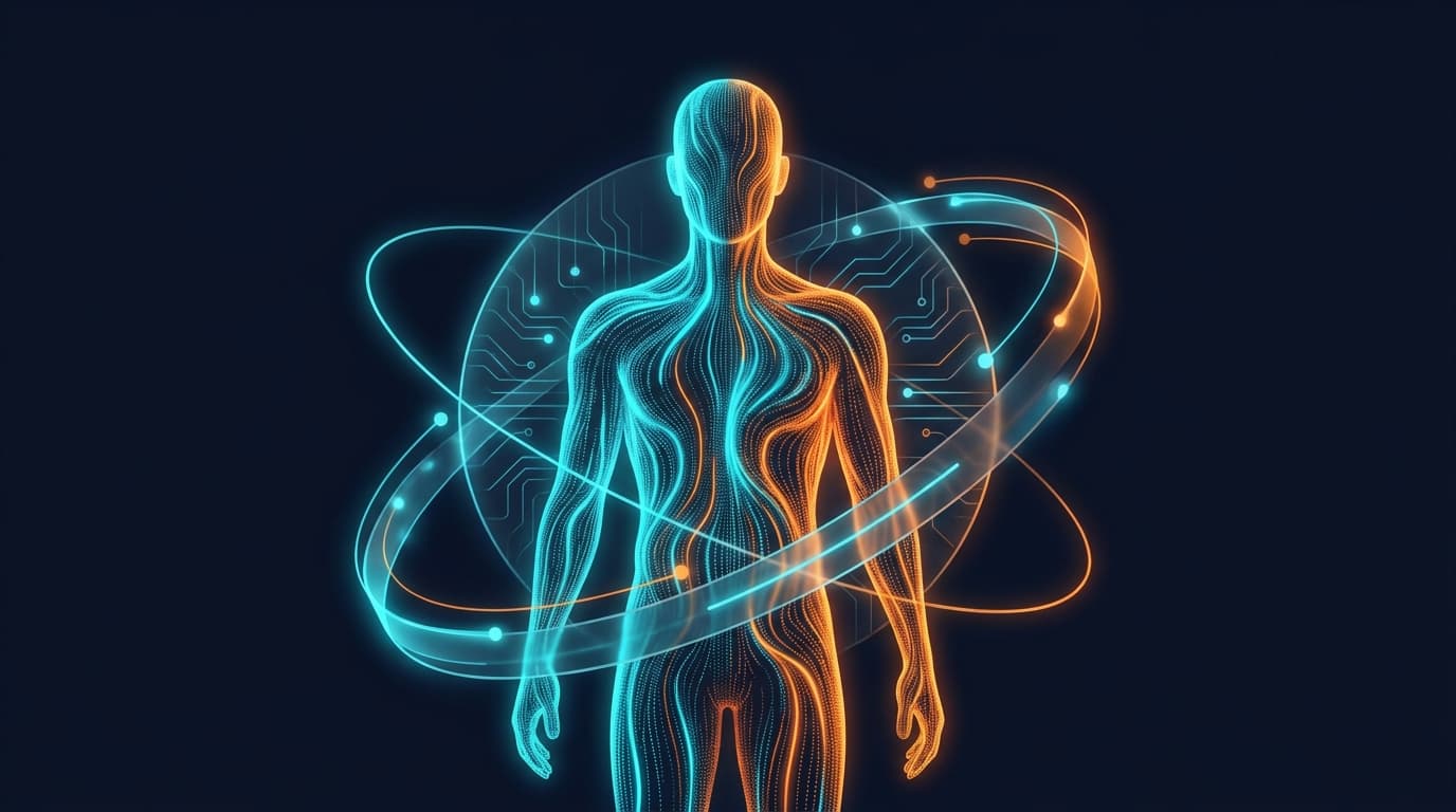 Silhouette lumineuse représentant l'humain augmenté par son Twin IA