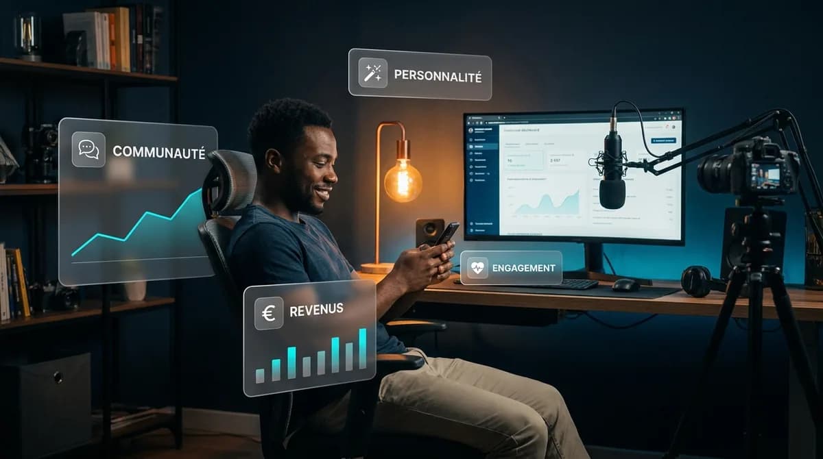 Créateur de contenu dans son studio créatif entouré de panneaux glassmorphisme affichant Communauté, Personnalité, Revenus et Engagement