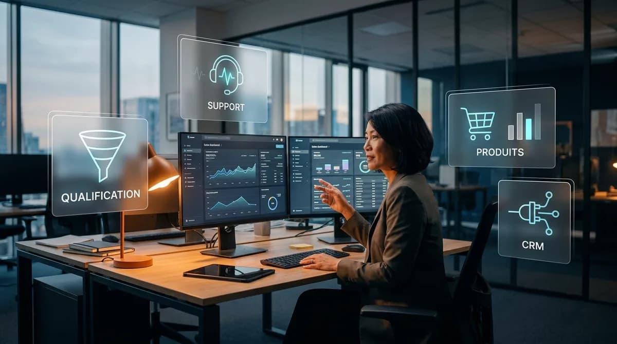 Directrice e-commerce dans un bureau open-space avec deux ecrans, entouree de panneaux glassmorphisme affichant Qualification, Support, Produits et CRM