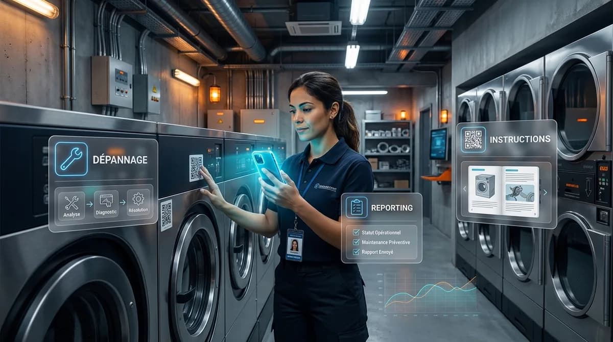 Technicienne terrain latino-americaine dans une laverie automatique moderne, smartphone en main scannant un QR code sur une machine, entouree de panneaux glassmorphisme affichant Depannage, Instructions et Reporting