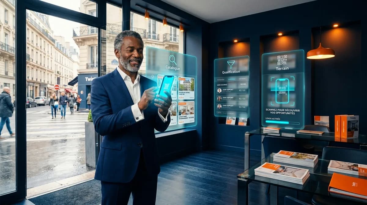 Agent immobilier afro-caribéen dans une agence moderne avec vitrine sur rue parisienne, consultant son smartphone, entouré de panneaux IA glassmorphisme affichant Catalogue, Qualification et Terrain