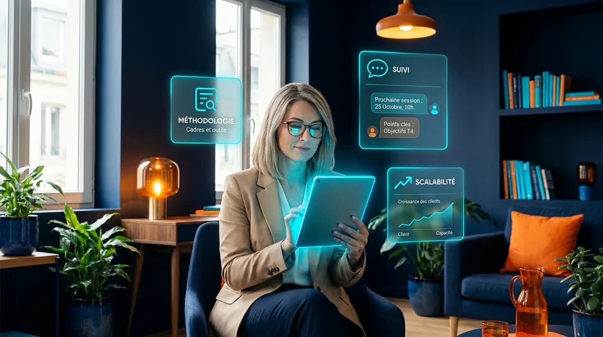 Coach est-européenne dans un studio de coaching lumineux, consultant des notes sur une tablette, entourée de panneaux IA glassmorphisme affichant Méthodologie, Suivi et Scalabilité