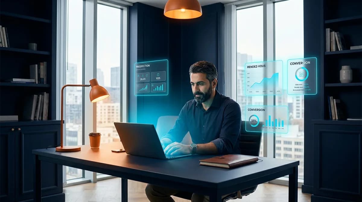 Consultant indépendant travaillant sur son laptop dans un bureau moderne, entouré de panneaux IA glassmorphisme affichant Prospection, Rendez-vous et Conversion