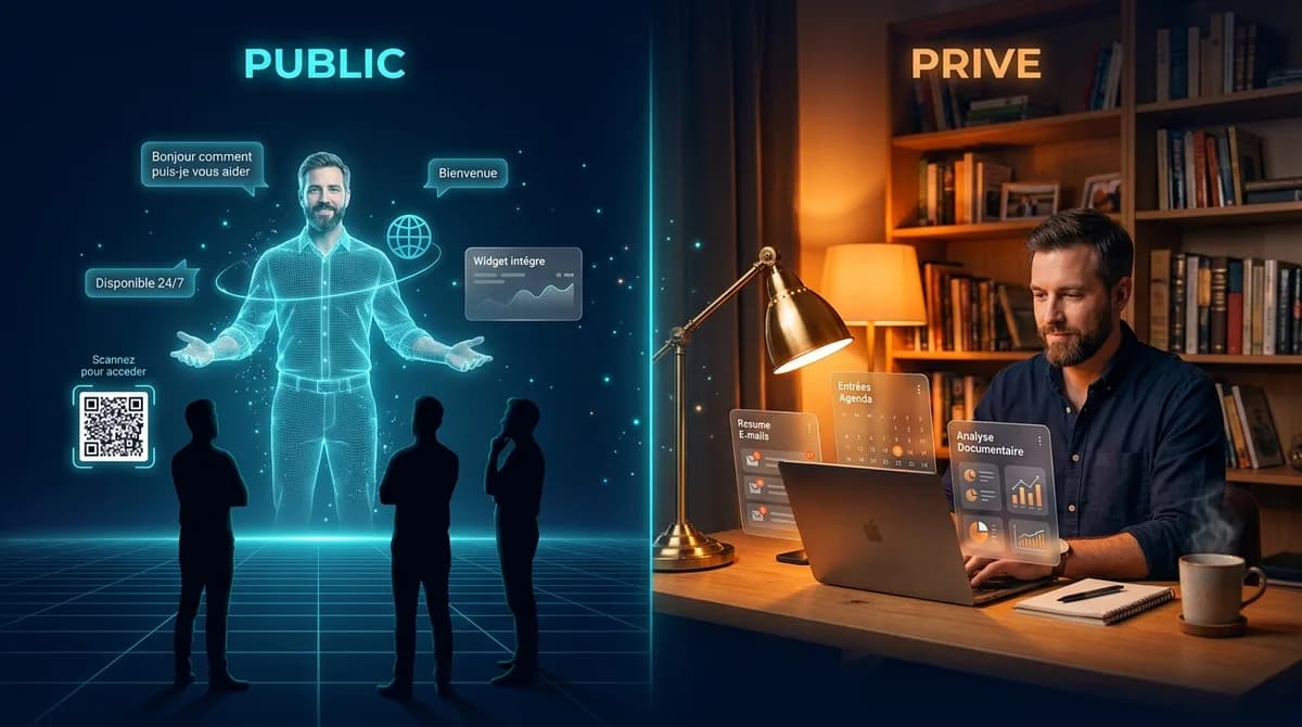 Split-screen montrant le Twin en mode Public avec avatar holographique accueillant des visiteurs et en mode Prive avec le professionnel travaillant dans son bureau assiste par des panneaux IA