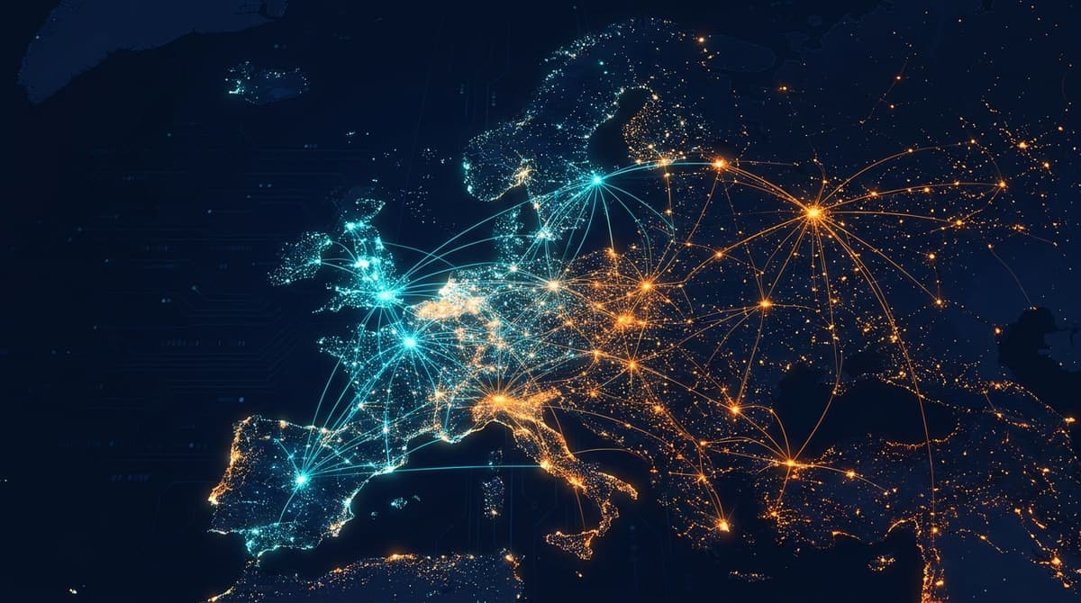 Carte d'Europe avec un réseau lumineux de Twins connectés