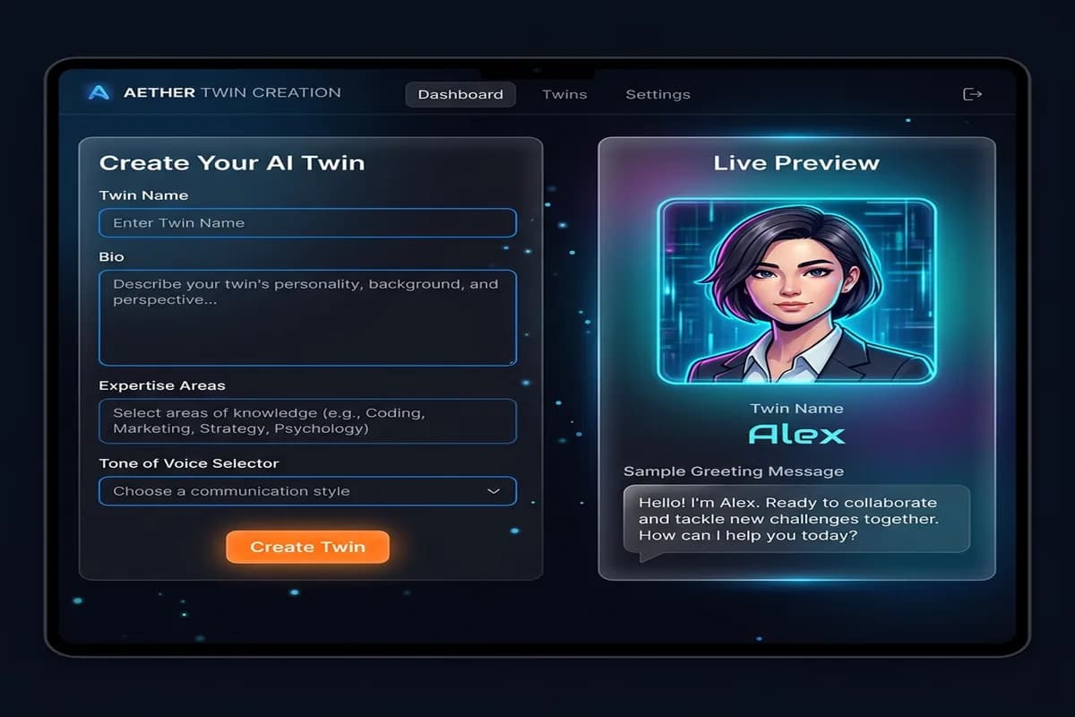 Capture d'écran du formulaire de création de Twin avec personnalisation d'avatar