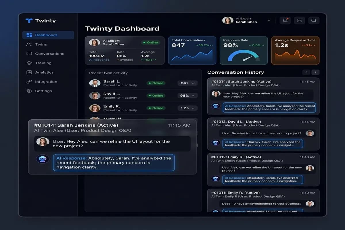 Capture d'écran du tableau de bord Twinty avec conversations et statistiques